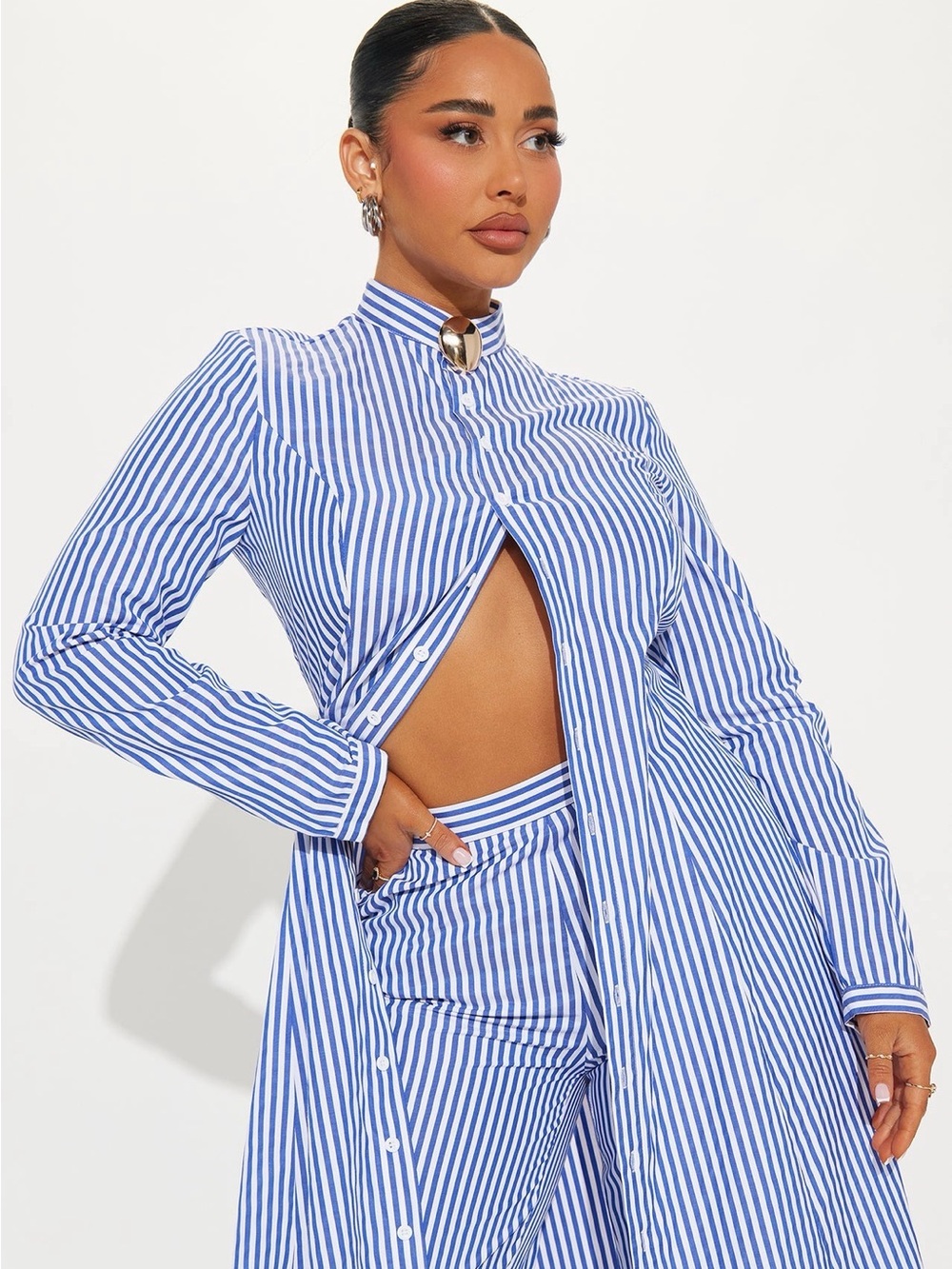Striped Blue & White Button-Front Maxi Shirt Dress and Matching Pant Set